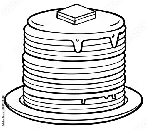 Tall stack of pancakes with butter and syrup line art illustration for a coloring book page