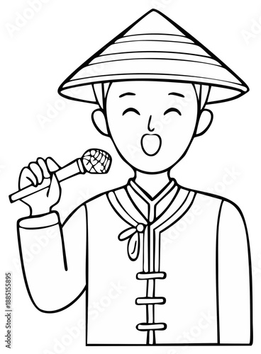 Line art illustration of person singing with microphone wearing a conical asian hat