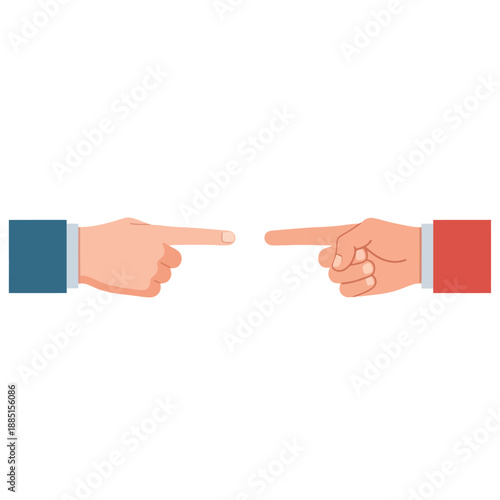 Two distinct hands in contrasting colored cuffs pointing at each other, symbolizing mutual direction, accusation, or a shared focus, rendered in a flat vector illustration style