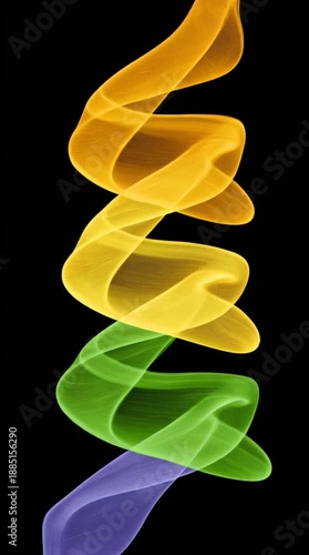 DNA-like spiral graphic pattern in colors of yellow, green and purple twists on a black background. Vertical video loop template for designers