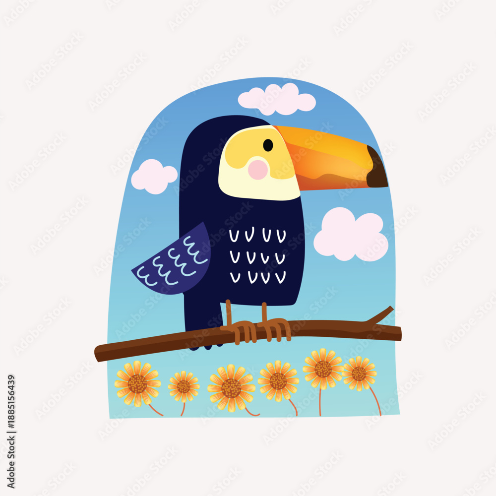 Obraz premium Toucan bird standing on a branch of tree vector illustration. Exotic birds for childrens design of prints, posters, cards.