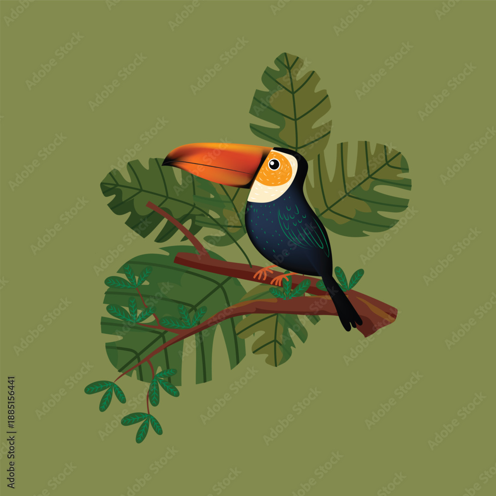 Obraz premium Toucan bird standing on a branch of tree vector illustration. Exotic birds for childrens design of prints, posters, cards.