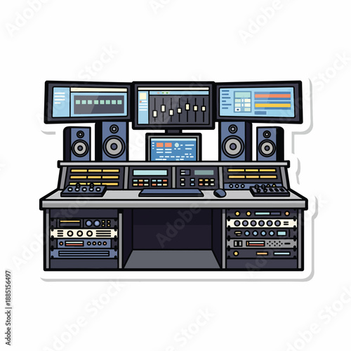 Tableau sur toile A cartoon-style illustration of a professional audio workstation with multiple m