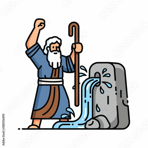 A cartoon illustration of Moses bringing water out of a rock with his staff