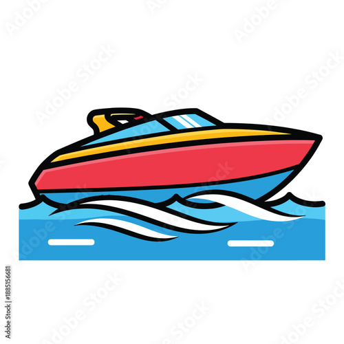 A cartoon-style illustration of a red, blue, and yellow jet ski on water