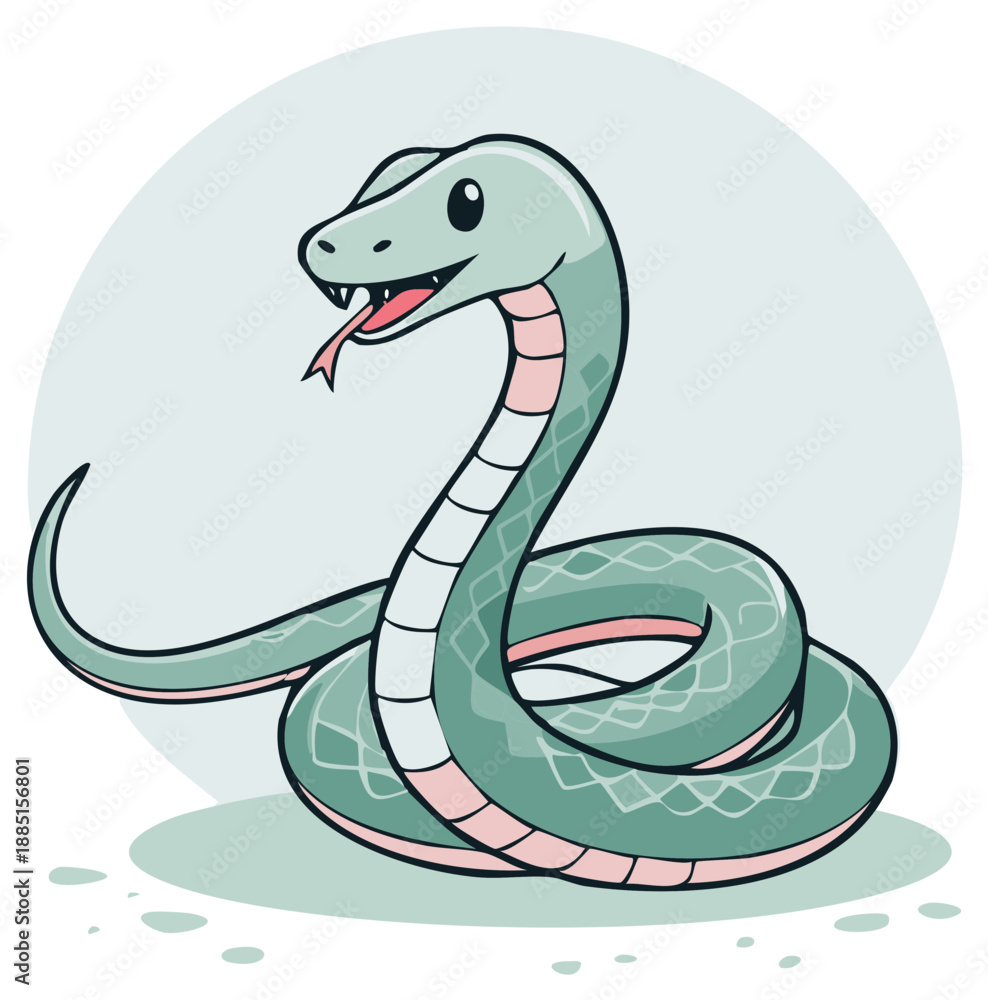 Fototapeta premium Cartoon green snake with pink accents coiled and smiling