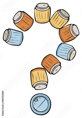 Question mark shape made of colorful barrels and a blue button, symbol of doubt and uncertainty