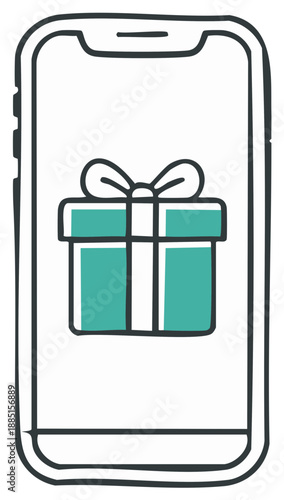 Hand-drawn Smartphone display with wrapped Gift Box. Hand-drawn, doodle style gift on a handheld device