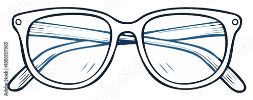Hand drawn sketch illustration of retro style eyeglasses with blue reflections