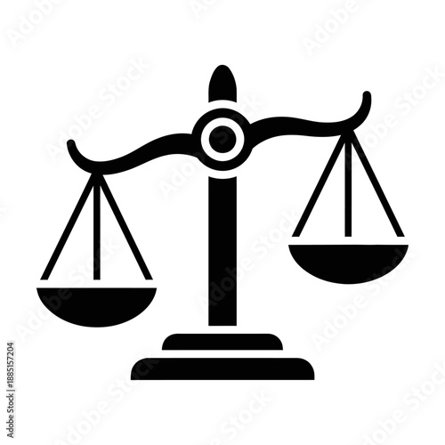 Classic black and white illustration of a traditional balance scale symbolizing justice and fairness and equality for legal profession branding and courtroom or law office graphic design elements.