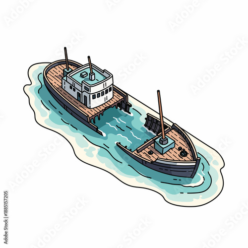 A cartoon-style illustration of a tugboat on water
