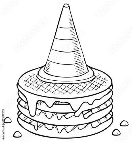 Stacked wafer dessert with ice cream cone topping, hand-drawn sketch