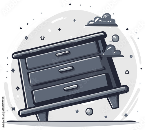 Retro dresser falling over with items scattering around it in a cartoon style