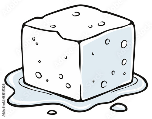Melting ice cube cartoon illustration with water puddle a refreshing cool summer drink concept