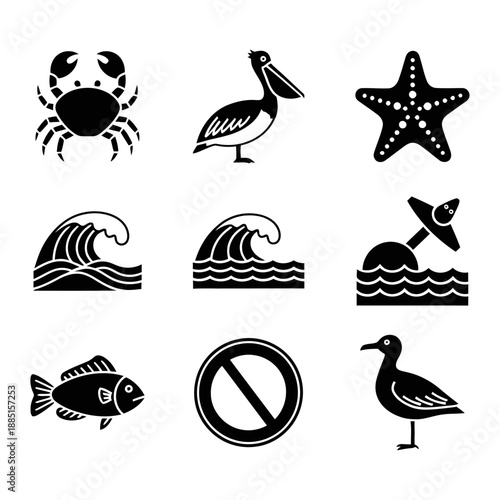 A collection of black and white representing marine life and activities including a crab, pelican, starfish, fish