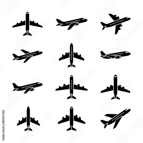 Large collection of twelve different airplane icons featuring black and white color schemes and clean lines showing various flying angles and aircraft models for travel and aviation design projects.