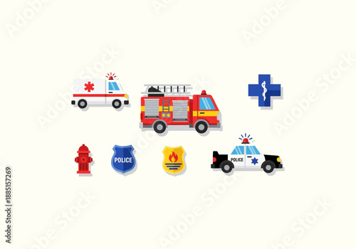 Vector set Concept Flat design icon set of emergency services including ambulance, fire truck, police car, and related symbols.