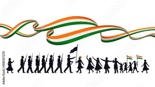 Illustration of people celebrating Republic Day in India with patriotic vibes and tricolor flags.
