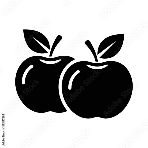 Two fresh apples with leaves in a black and white color scheme and clean lines placed side by side with a slight overlap creating a simple healthy fruit illustration for organic food and nutrition.
