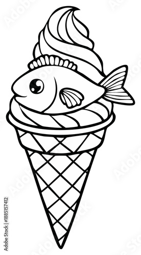 Whimsical Ice Cream Cone Featuring a Fish, Cartoon Style