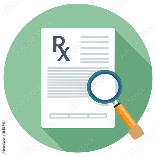 Prescription Rx paper with magnifying glass, healthcare and medical check-up concept
