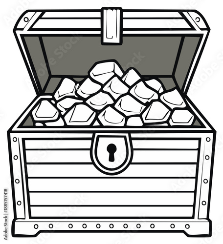 Illustration: Treasure chest filled with gems in simple black and white illustration style for a coloring book