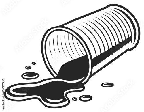 Black liquid spills from an overturned corrugated metal cup in a cartoonish illustration