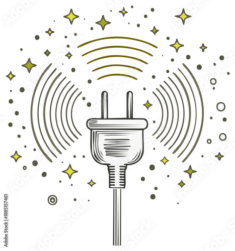 Electrical Plug Surrounded by Wavy Lines and Star Shapes Symbolizing Wireless Power Transmission and Energy Concept
