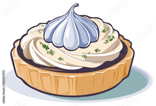 Illustration of a cream and meringue tart with chocolate and herbs, sweet dessert