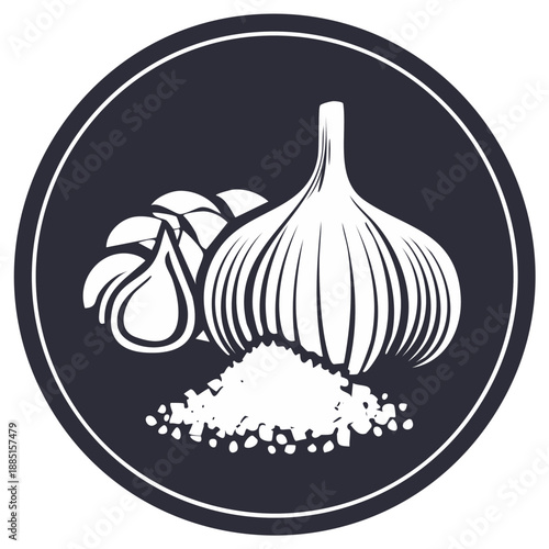 Garlic bulb, cloves and salt with dark background, healthy food concept