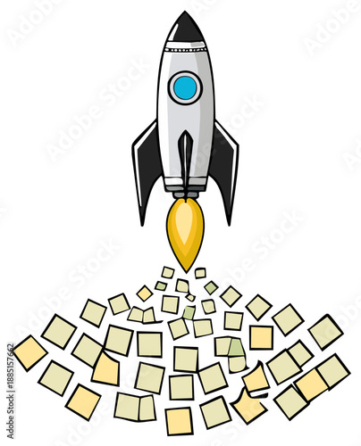 Cartoon rocket ship launching leaving trail of scattered sticky notes on white background