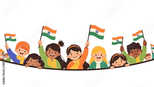 Illustration of diverse children celebrating Republic Day of India with Indian flags in a vibrant and patriotic scene.