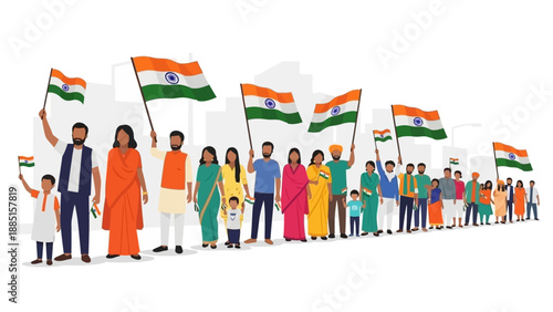 Illustration of diverse people of all ages holding Indian flags celebrating Republic Day in a vibrant and patriotic atmosphere with colorful attire.
