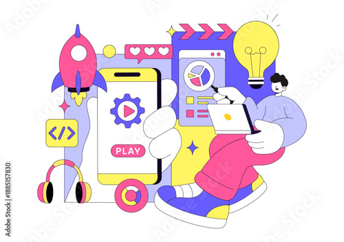 Game Development Vector Illustration Featuring Games, Digital Technology, Programming, and Coding for the Technical Aspects of Creating Video Games