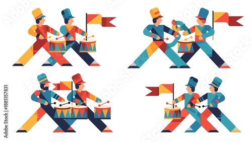 Illustration of children celebrating Republic Day in India with colorful characters marching with flags and drums in a vibrant, patriotic scene.