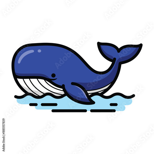 A blue cartoon whale swimming in light blue water
