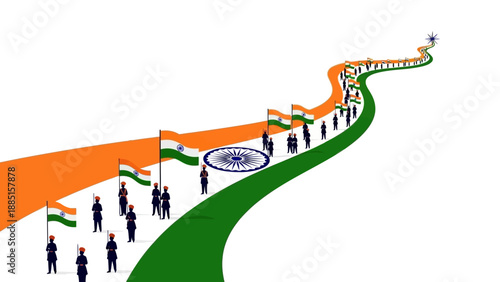 Illustration of people celebrating Republic Day in India with a parade and waving flags in patriotism.