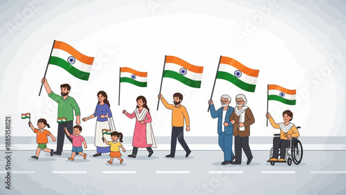 Illustration of diverse people of all ages holding Indian flags and celebrating Republic Day with patriotism and joy on a white background.