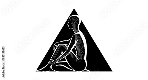 Stylized black and white illustration of a contemplative human figure, representing introspection, mindfulness, and the human condition within a geometric triangle.