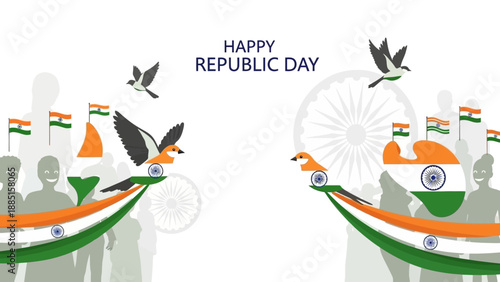 Illustration of people celebrating Republic Day in India with patriotic characters, flags, and symbols in a vibrant, festive atmosphere against a clean white background.