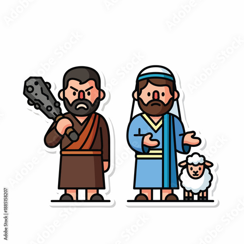 A cartoon illustration of two men and a sheep