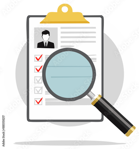 Magnifying glass inspecting a resume with checklist and profile picture for hiring process