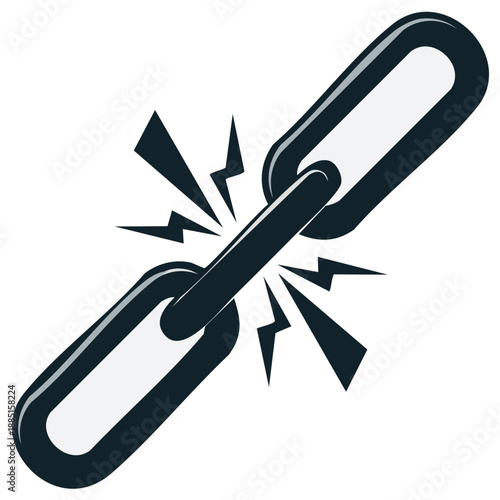 Depiction of Isolated Black and White Chain Link Severed by Lightning, Illustration of Damaged Security Weak Link