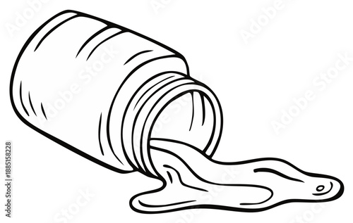 Spilled liquid pouring from an overturned open jar, simple line art illustration