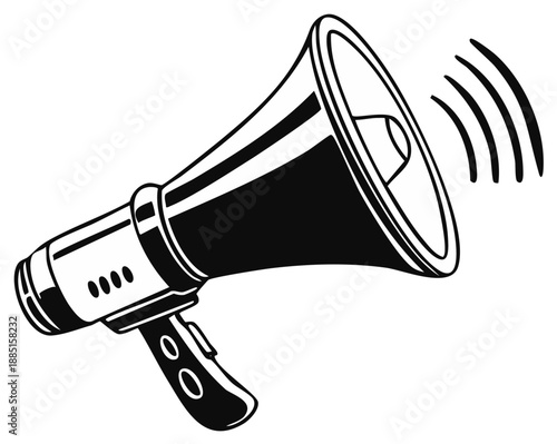 Retro style megaphone illustration with sound waves, black and white design.
