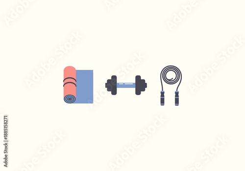 Vector set Concept Fitness Equipment - Yoga Mat, Dumbbell, and Jump Rope for Exercise.