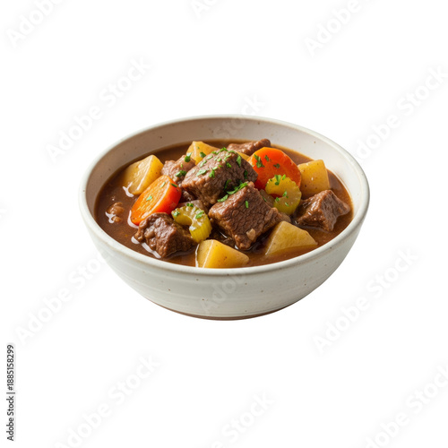 Hearty beef stew with root vegetables in bowl