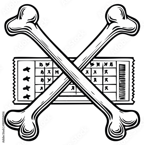 Stylized crossbones illustration on a game ticket representing chance fortune and gambling risk