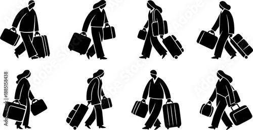  People walking with luggage and suitcases silhouettes set, travelers and immigrants icons.