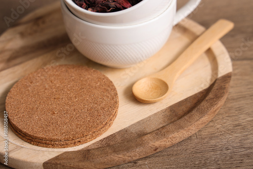 Wooden tray with cups, coas...